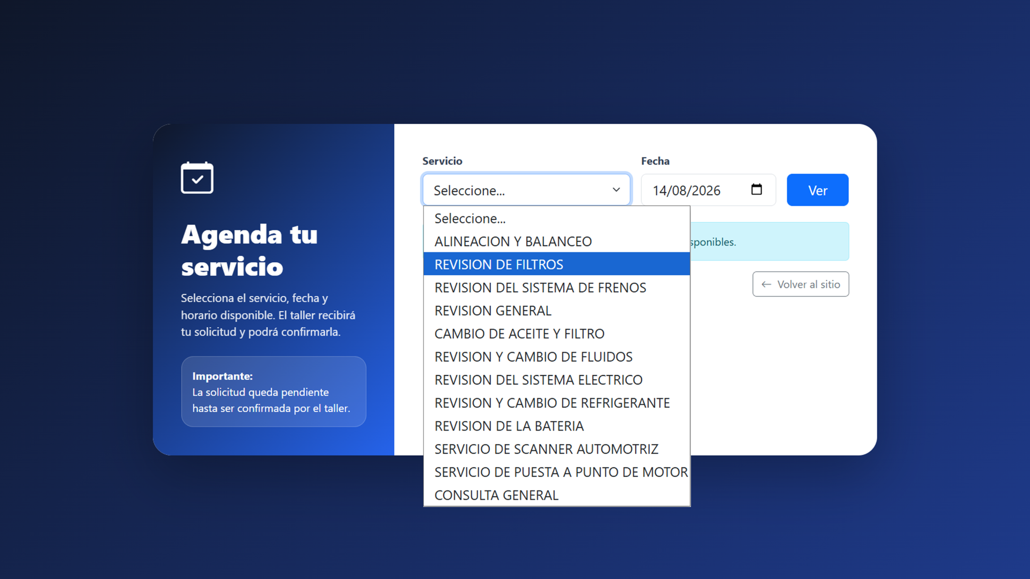 Selección de servicios en la agenda pública SIGA PROF